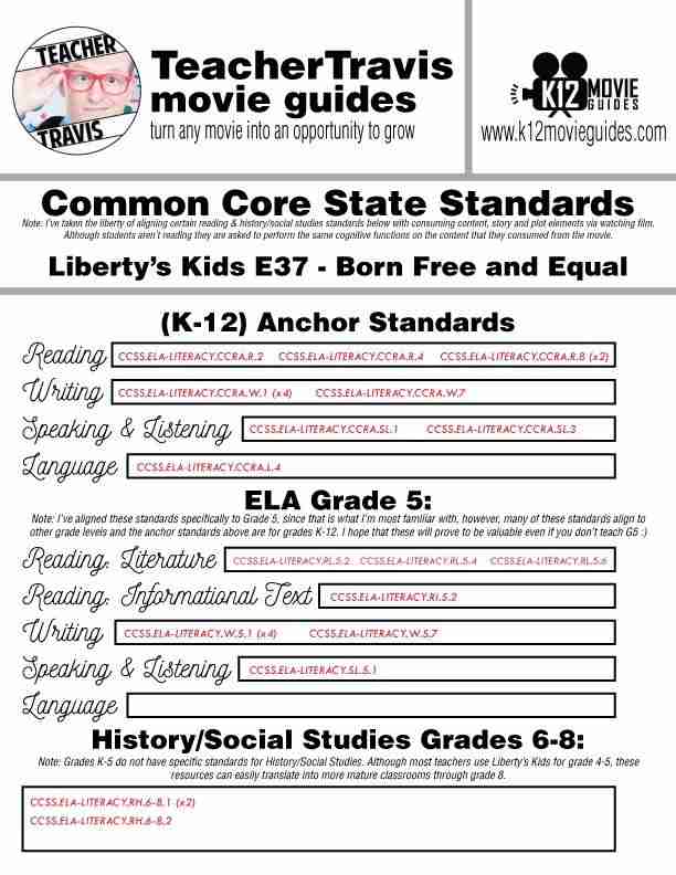Liberty's Kids | Born Free and Equal Episode 37 (E37) - Movie Guide | Worksheet CCSS
