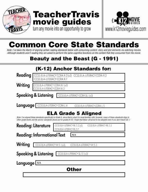 Movie Guide made for Beauty and the Beast | Worksheet | Questions (G - 1991) CCSS