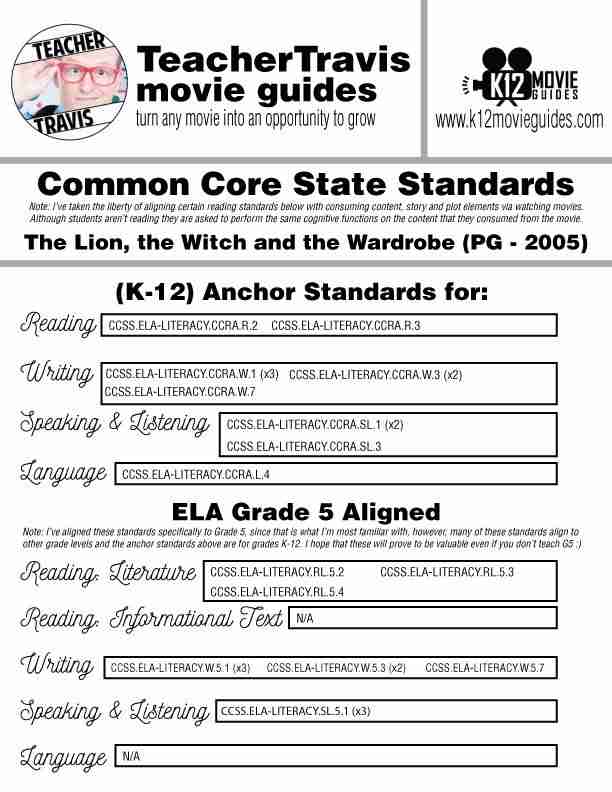 Chronicles of Narnia: The Lion, the Witch and the Wardrobe Movie Guide (PG-2005) CCSS Alignment