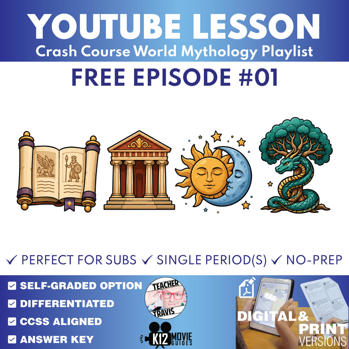 Free Crash Course World Mythology #1 What Is Myth worksheet and video lesson cover for grades 8–12