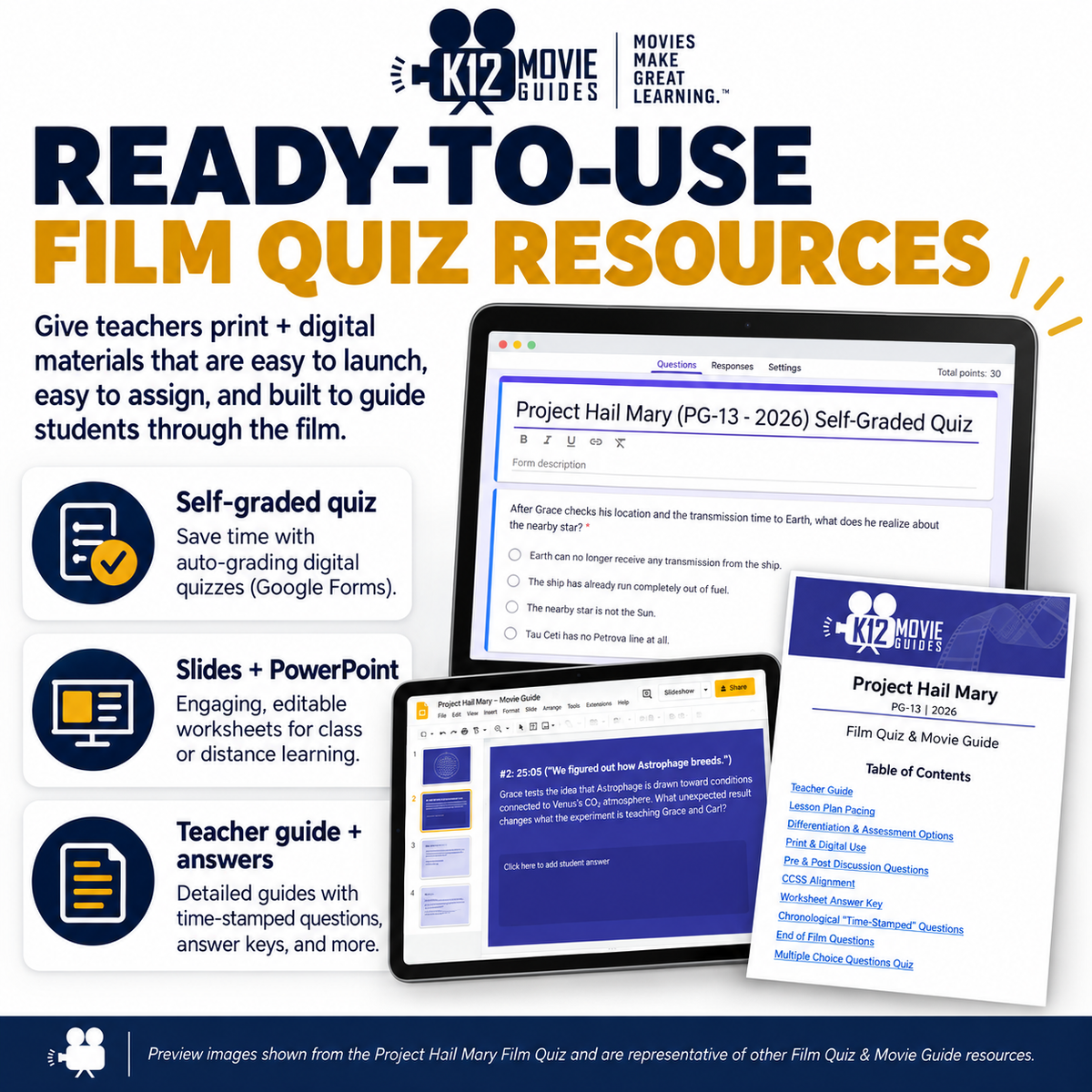 Promotional graphic for K12 Movie Guides showing 'Ready-to-Use Film Quiz Resources' with text, feature icons, and mockups of digital quiz and guide pages on a white background.