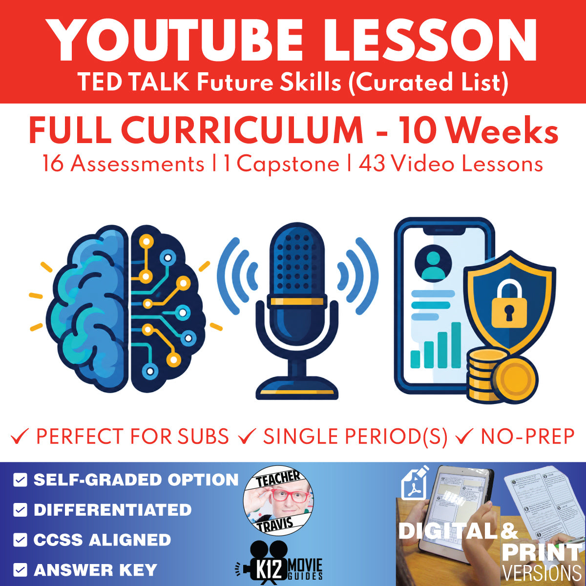TED Talk Future Skills 10-week Full Curriculum cover with 43 video lessons, 16 assessments, and capstone
