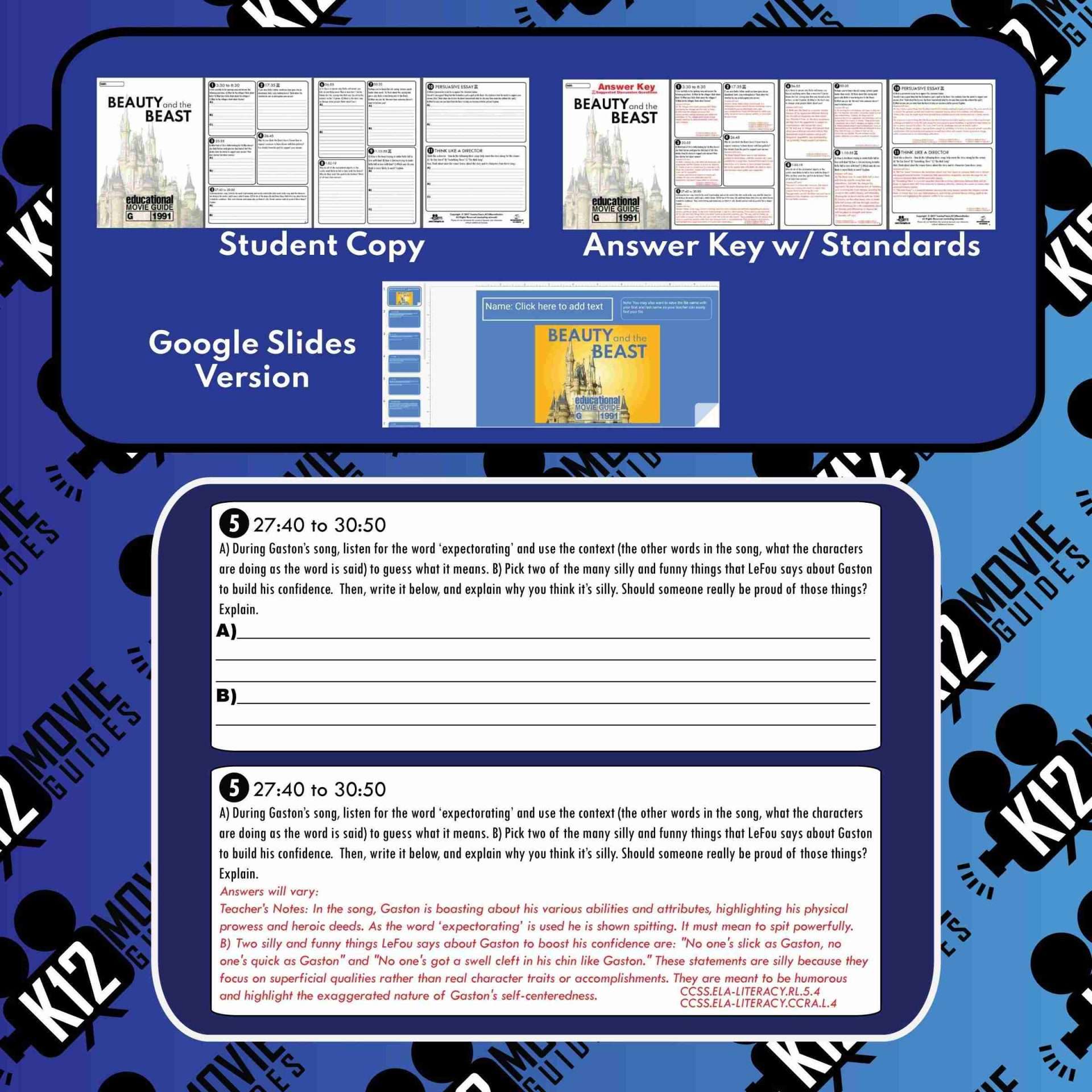 Movie Guide made for Beauty and the Beast | Worksheet | Questions (G - 1991) Sample