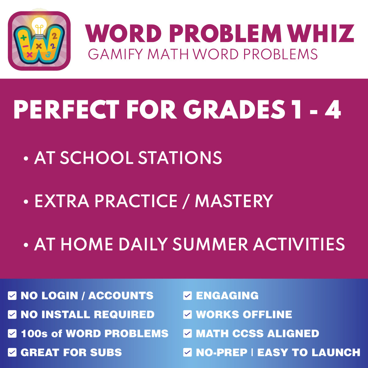 Math Word Problem Whiz | Grades 1–4 Interactive Word Problem App