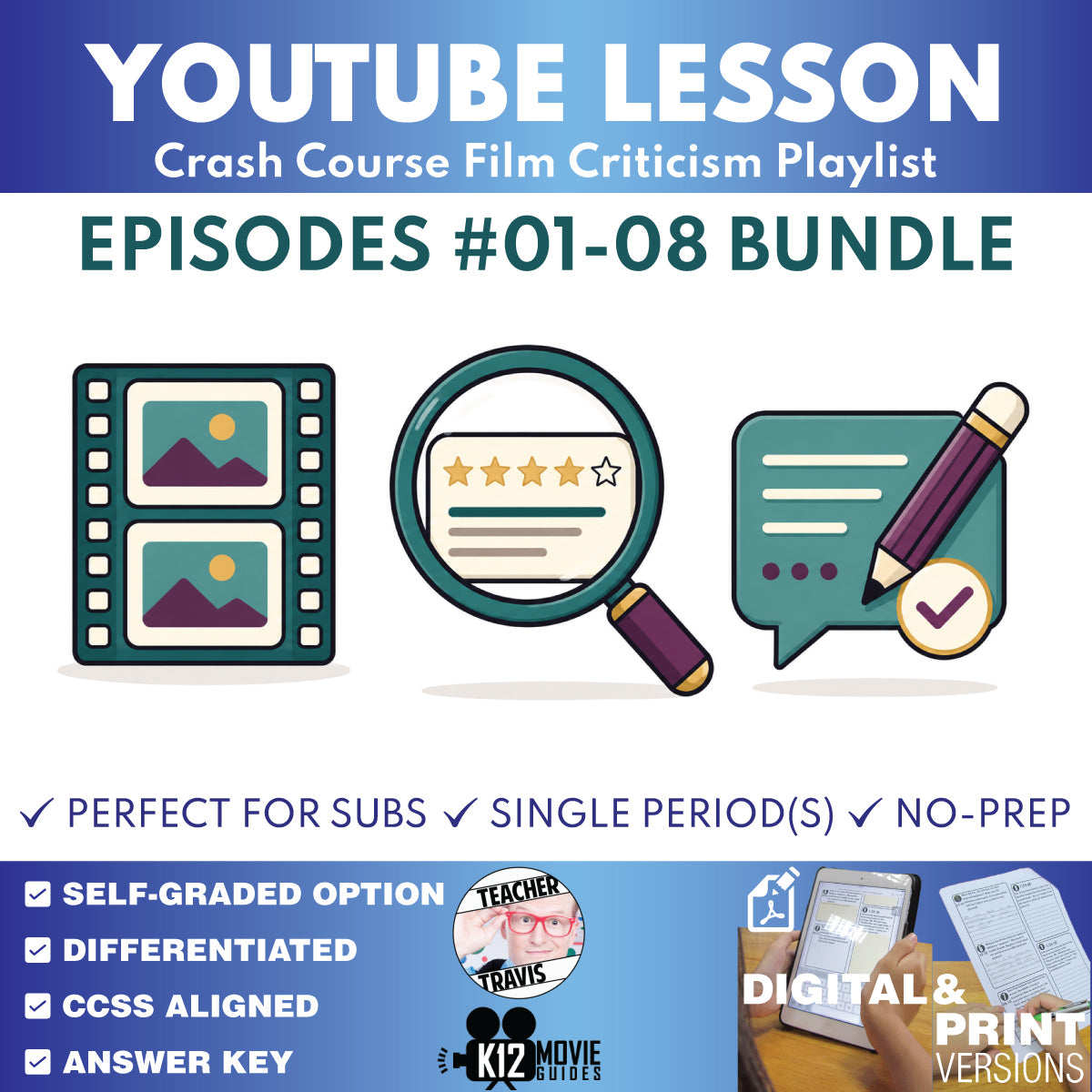 Crash Course Film Criticism episodes 1 through 8 video lesson bundle cover for grades 9–12