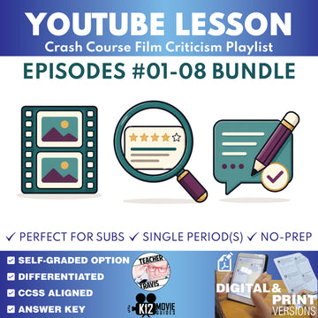 Crash Course Film Criticism episodes 1 through 8 video lesson bundle cover for grades 9–12