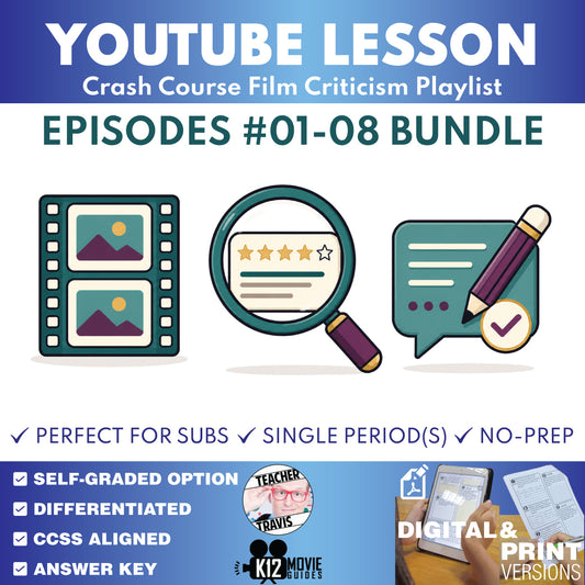 Crash Course Film Criticism episodes 1 through 8 video lesson bundle cover for grades 9–12