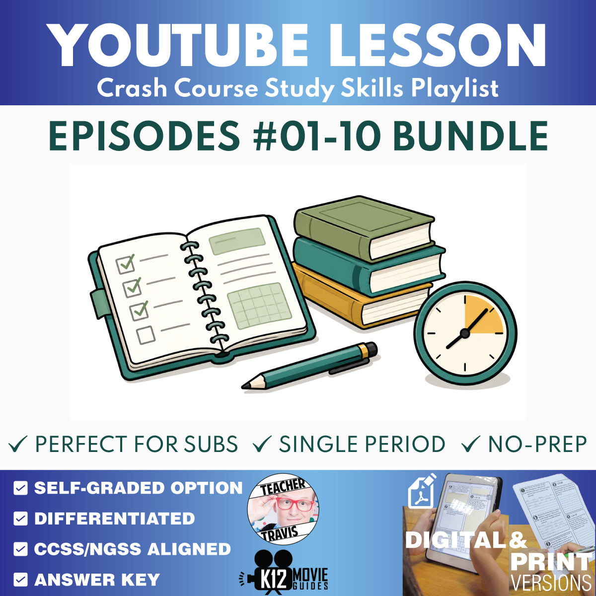 Crash Course Study Skills #1-#10 Video Lesson Set Note-Taking, Focus & Test Prep classroom resource cover