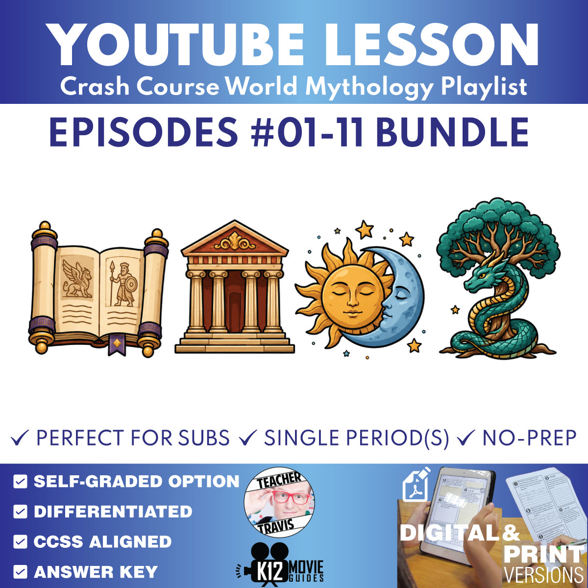 Crash Course World Mythology #1–11 creation and pantheons worksheet bundle cover for grades 8–12