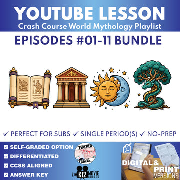 Crash Course World Mythology #1–11 creation and pantheons worksheet bundle cover for grades 8–12
