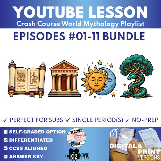 Crash Course World Mythology #1–11 creation and pantheons worksheet bundle cover for grades 8–12