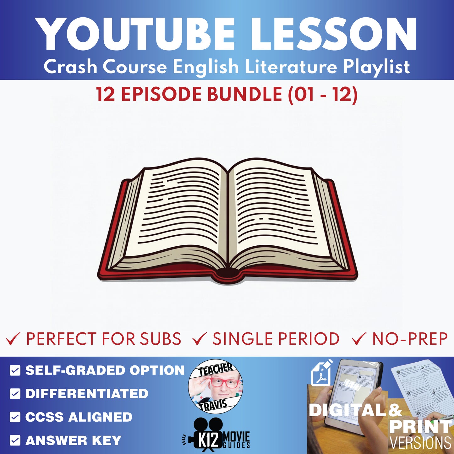 Crash Course English Literature #1–#12 video lesson bundle cover for grades 9–12 ELA