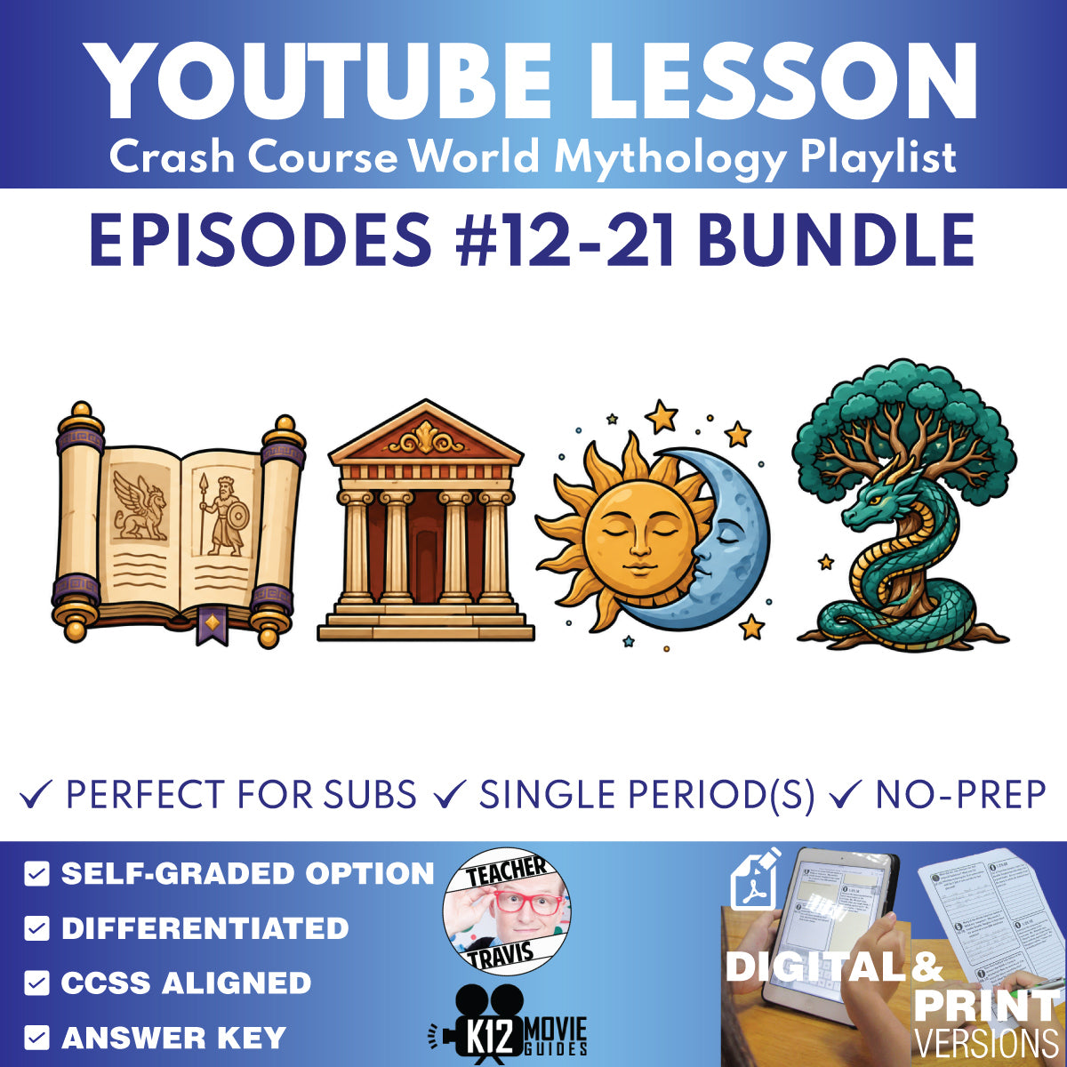 Crash Course World Mythology #12–22 archetypes floods and tricksters worksheet bundle cover for grades 8–12