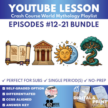 Crash Course World Mythology #12–22 archetypes floods and tricksters worksheet bundle cover for grades 8–12