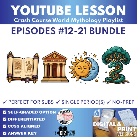 Crash Course World Mythology #12–22 archetypes floods and tricksters worksheet bundle cover for grades 8–12