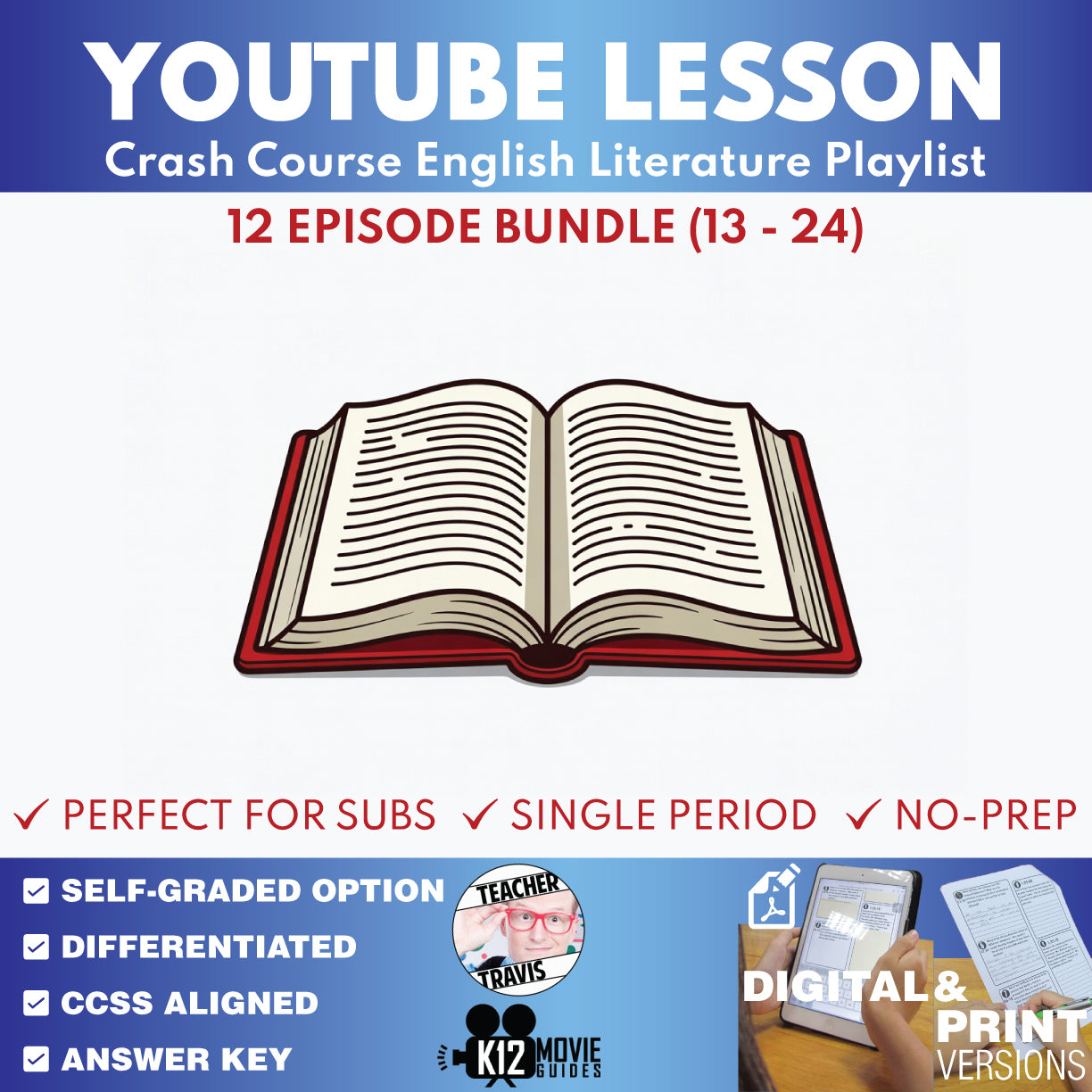 Crash Course English Literature #13–#24 video lesson bundle cover for grades 9–12 ELA