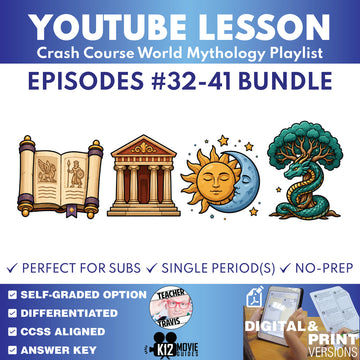 Crash Course World Mythology #32–41 mythic places monsters and legacy worksheet bundle cover for grades 8–12