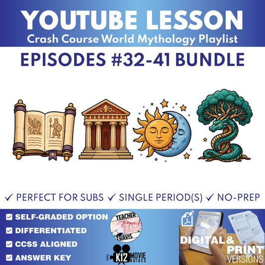 Crash Course World Mythology #32–41 mythic places monsters and legacy worksheet bundle cover for grades 8–12
