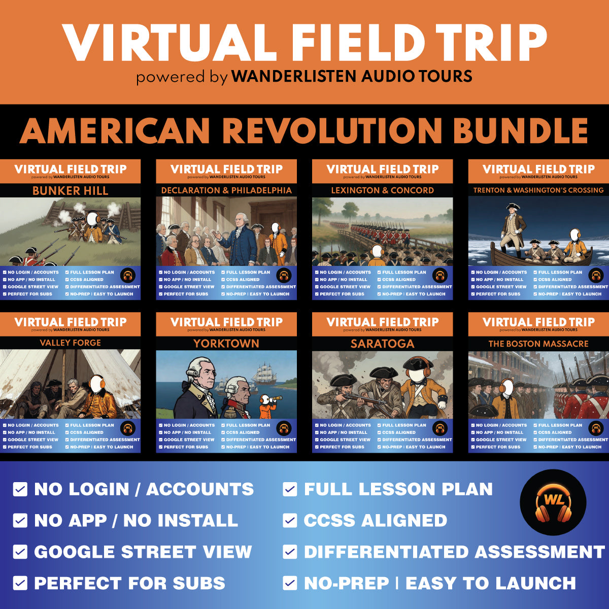 American Revolution Virtual Field Trip App Bundle | 8 Audio + Map Lessons