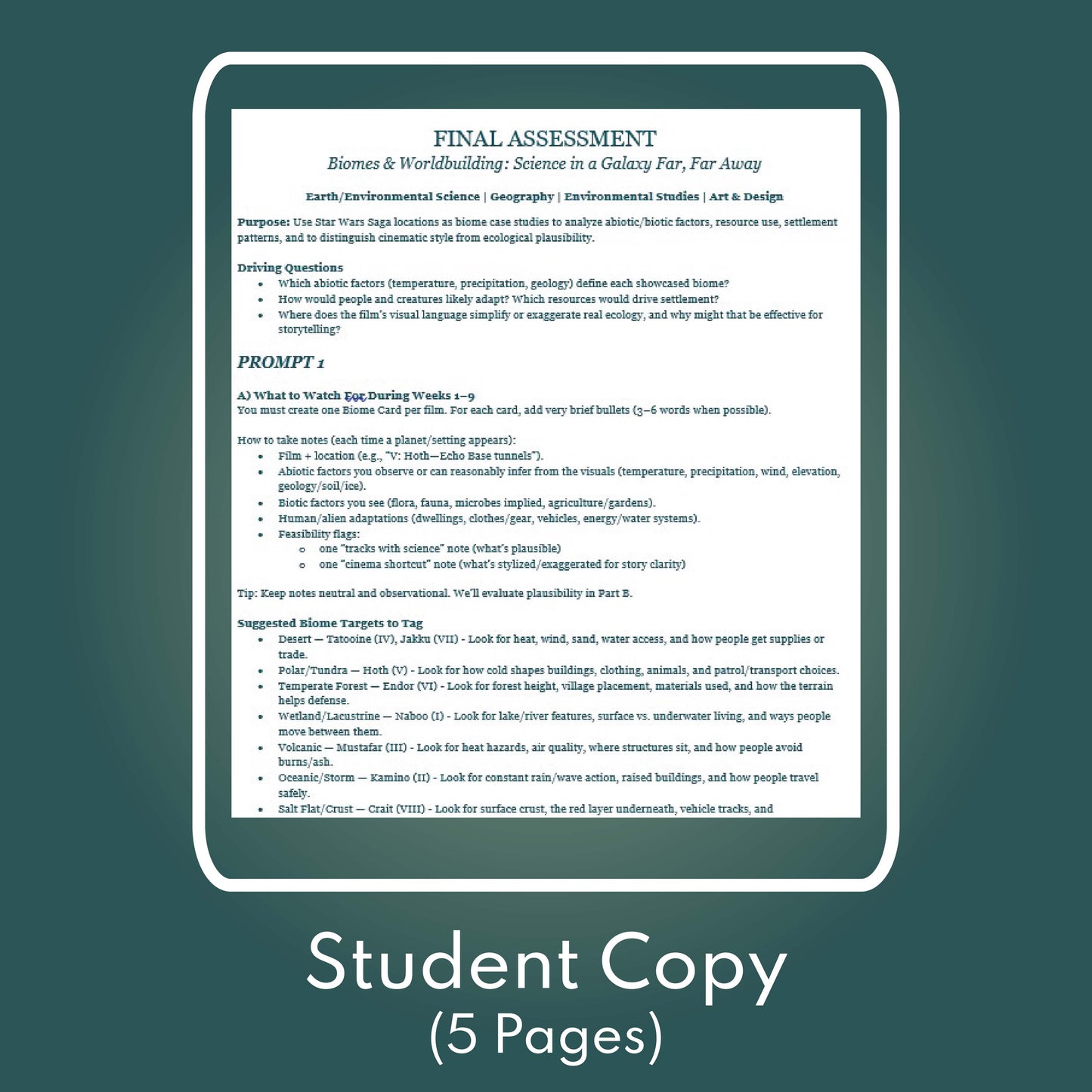 Star Wars Saga Assessment | Biome & Environment Focus (9 Weeks) | Science for Grades 9-12