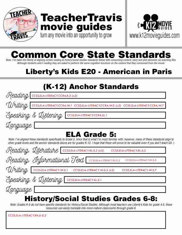Liberty's Kids | American in Paris Episode 20 (E20) - Movie Guide | Worksheet CCSS