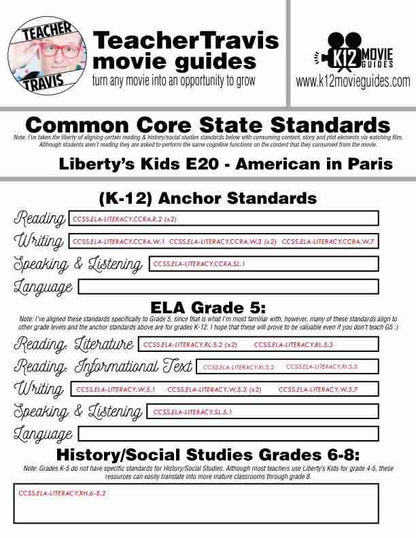 Liberty's Kids | American in Paris Episode 20 (E20) - Movie Guide | Worksheet CCSS