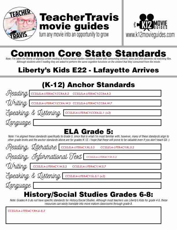 Liberty's Kids | Lafayette Arrives Episode 22 (E22) - Movie Guide | Worksheet CCSS
