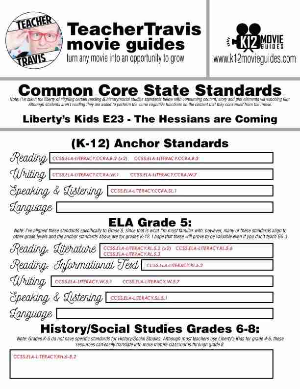 Liberty's Kids | The Hessians are Coming Episode (E23) - Movie Guide | Worksheet CCSS