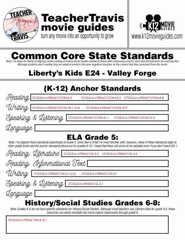 Liberty's Kids | Valley Forge Episode 24 (E24) - Movie Guide | Worksheet CCSS