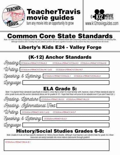 Liberty's Kids | Valley Forge Episode 24 (E24) - Movie Guide | Worksheet CCSS
