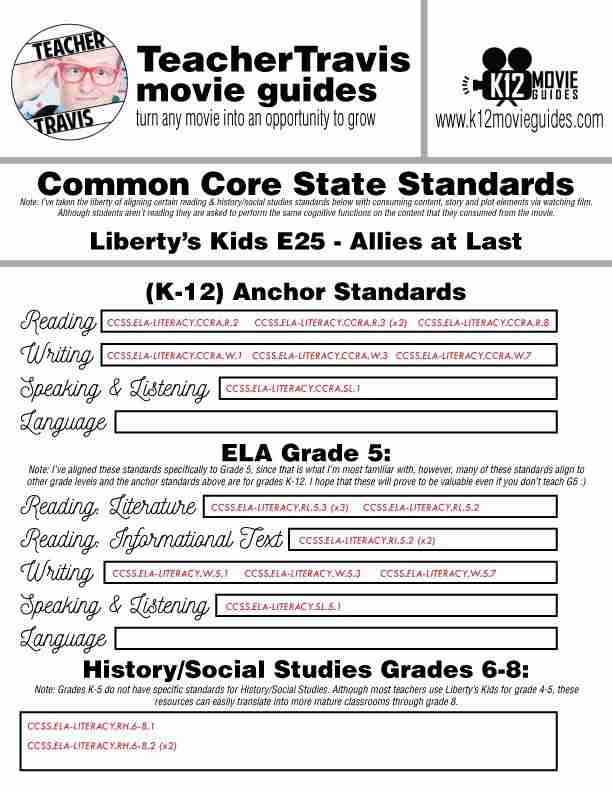 Liberty's Kids | Allies at Last Episode 25 (E25) - Movie Guide | Worksheet CCSS