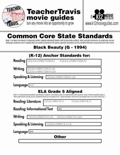 Black Beauty Movie Viewing Guide | Worksheet | Questions (G - 1994) CCSS
