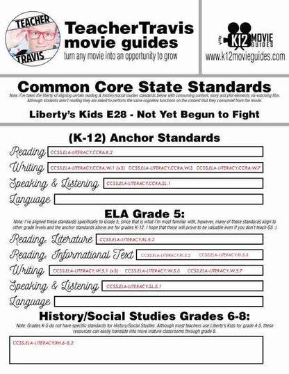Liberty's Kids | Not Yet Begun to Fight Episode (E28) - Movie Guide | Worksheet CCSS