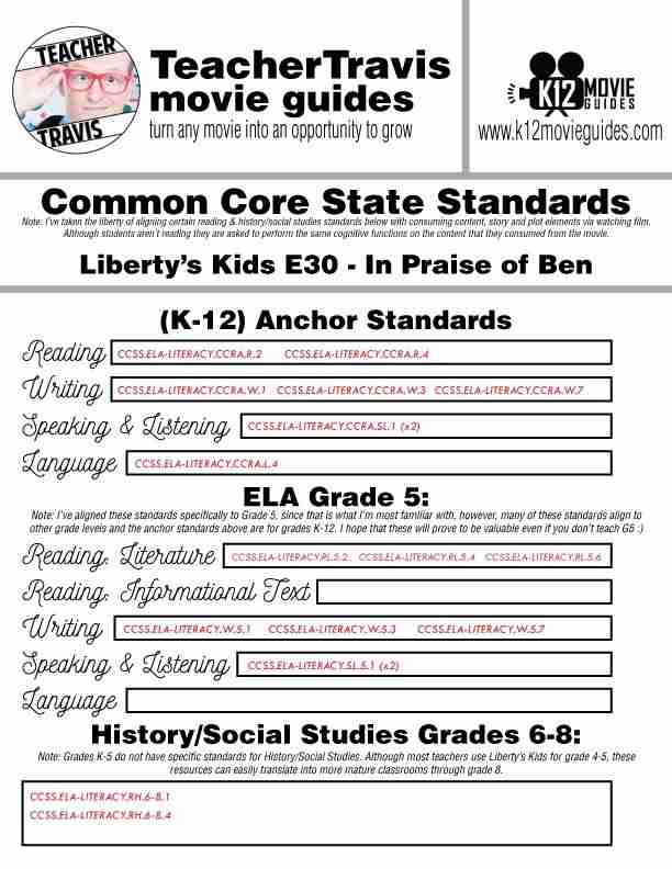 Liberty's Kids | In Praise of Ben Episode 30 (E30) - Movie Guide | Worksheet CCSS