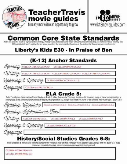 Liberty's Kids | In Praise of Ben Episode 30 (E30) - Movie Guide | Worksheet CCSS