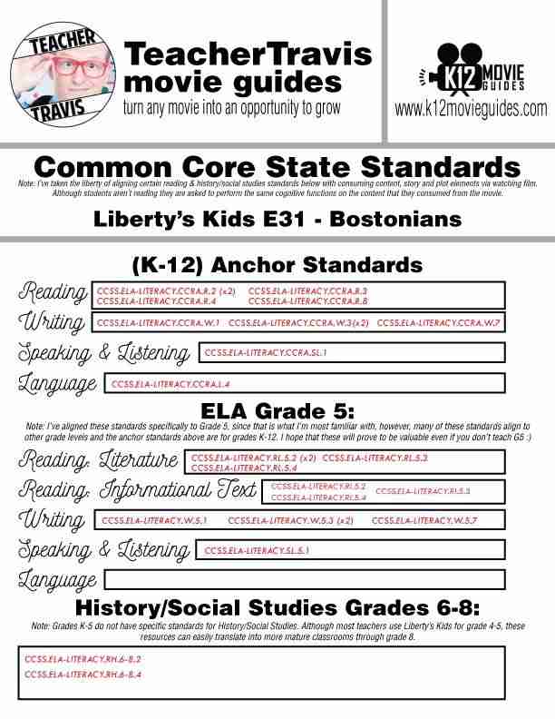 Liberty's Kids | Bostonians Episode 31 (E31) - Movie Guide | Worksheet | Google CCSS