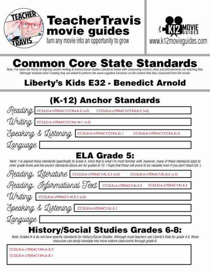 Liberty's Kids | Benedict Arnold Episode 32 (E32) - Movie Guide | Worksheet CCSS
