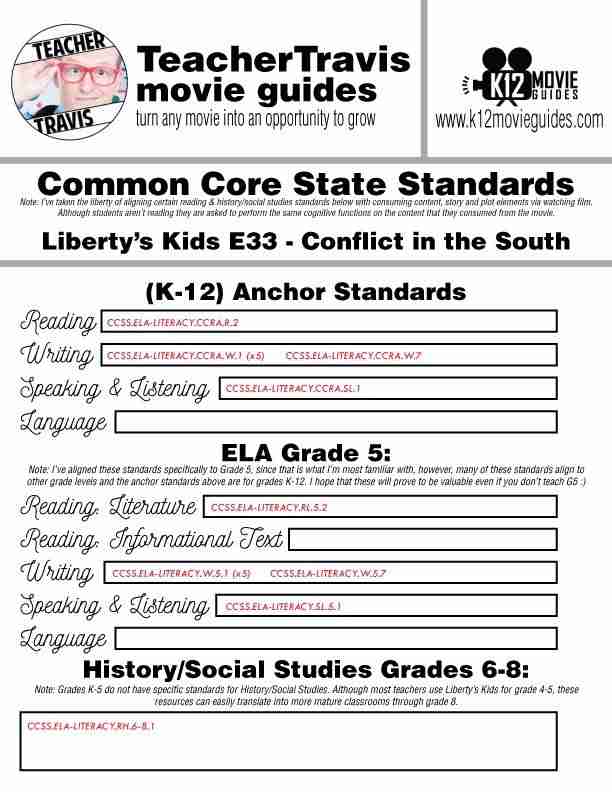 Liberty's Kids | Conflict in the South Episode 33 (E33) Movie Guide | Worksheet CCSS