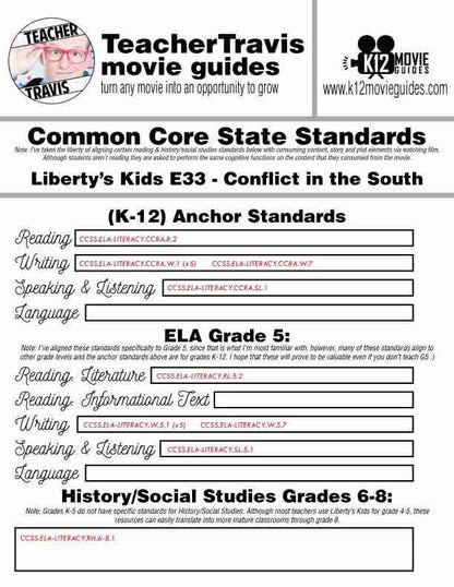 Liberty's Kids | Conflict in the South Episode 33 (E33) Movie Guide | Worksheet CCSS
