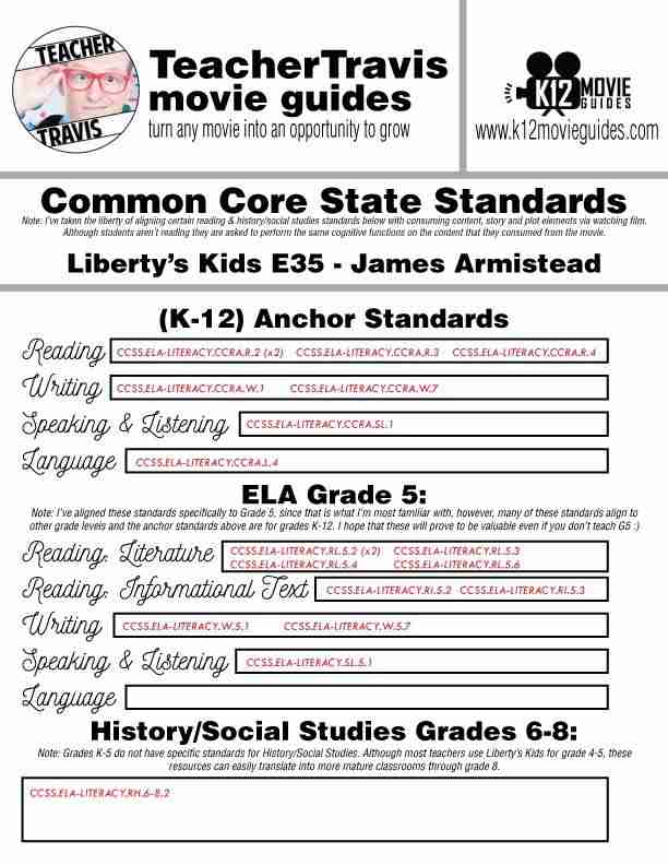 Liberty's Kids | James Armistead Episode 35 (E35) - Movie Guide | Worksheet CCSS