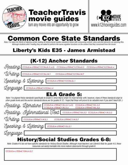 Liberty's Kids | James Armistead Episode 35 (E35) - Movie Guide | Worksheet CCSS