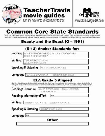 Movie Guide made for Beauty and the Beast | Worksheet | Questions (G - 1991) CCSS