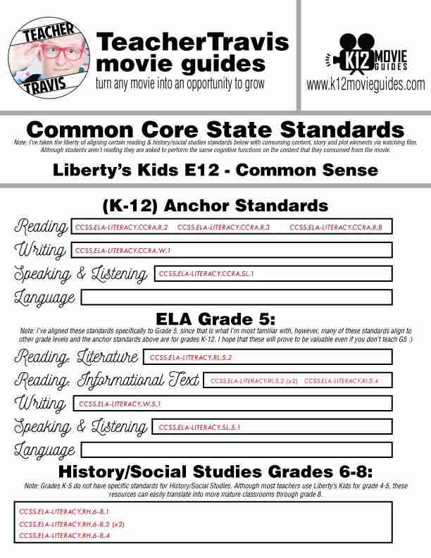 Liberty's Kids | Common Sense Episode 12 (E12) - Movie Guide | Worksheet CCSS