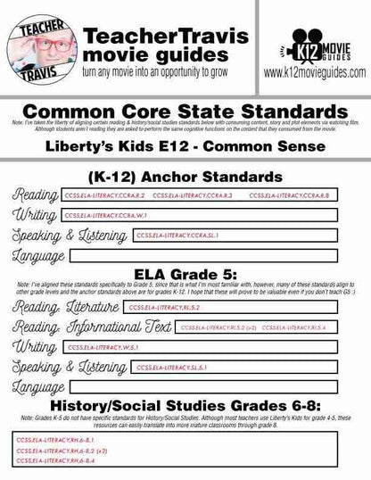 Liberty's Kids | Common Sense Episode 12 (E12) - Movie Guide | Worksheet CCSS