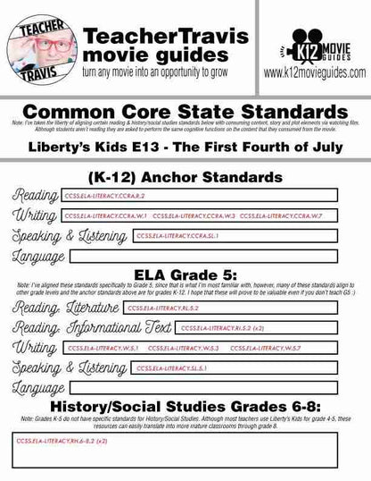 Liberty's Kids | The First Fourth of July Episode E13 - Movie Guide | Worksheet CCSS