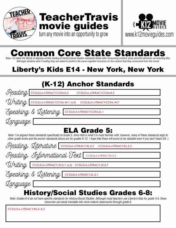 Liberty's Kids | New York, New York Episode 14 (E14) - Movie Guide | Worksheet CCSS Alignment