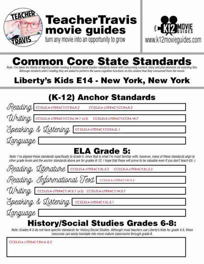 Liberty's Kids | New York, New York Episode 14 (E14) - Movie Guide | Worksheet CCSS Alignment