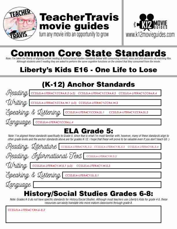Liberty's Kids | One Life to Lose Episode 16 (E16) - Movie Guide | Worksheet CCSS