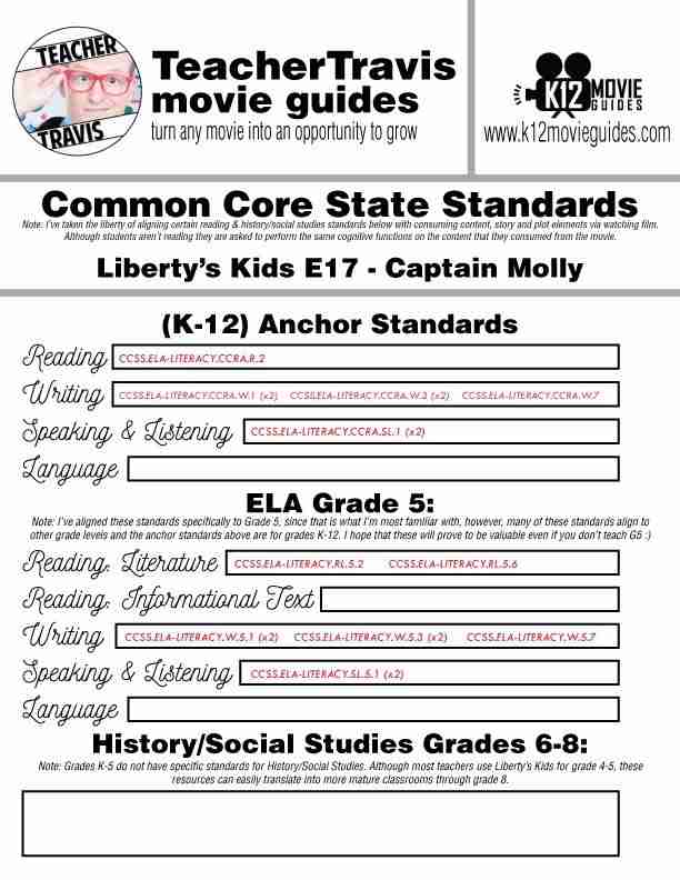 Liberty's Kids | Captain Molly Episode 17 (E17) - Movie Guide | Worksheet CCSS