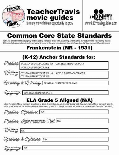 Free Halloween Activity Frankenstein (1931) Movie Guide | Questions | Worksheet CCSS
